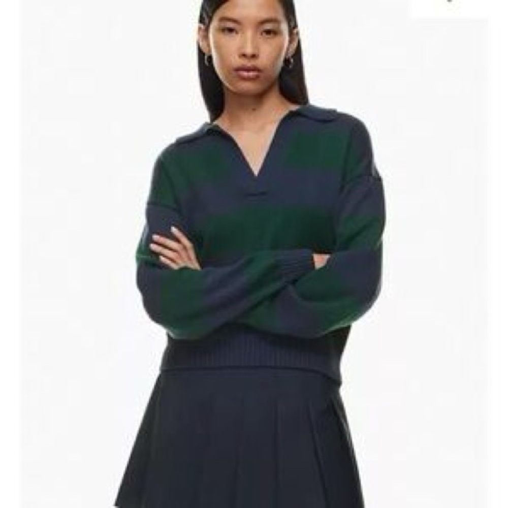 Sunday Best Navy and Forest Green Striped V-Neck Polo Sweater